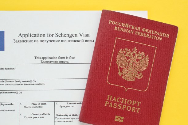 申根签证申请表(英文和俄文)和护照(黄色背景)图片下载