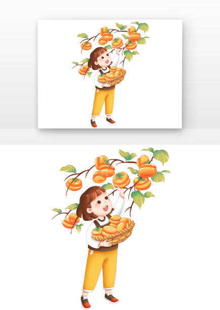 霜降摘柿子秋天女孩采摘水果节令二十四节气图片下载