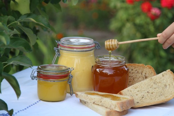 这幅静物画坐在一张桌子上，白色桌布上有蓝色刺绣——一罐蜂蜜和自制面包，背景是夏日花园图片下载