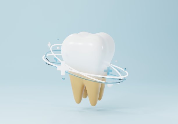 牙齿美白3D插图。半黄半白的牙齿在清洁菌斑的过程中，蓝色的底色。三维渲染图片下载