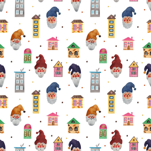 有趣的侏儒和可爱的房子。水彩插图。无缝模式图片下载