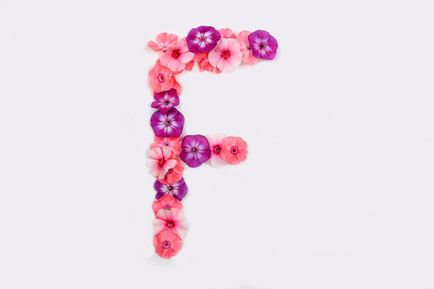 用真正的鲜花拼出的字母F。创意花卉字体概念。独特的字母和数字的集合设计。春天，夏天，秋天和情人节，图片下载