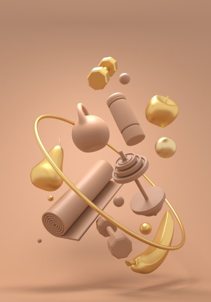 健身房训练，家庭运动和健身器材。哑铃，鲍勃，瑜伽垫和瓶子。健康生活方式的工具和水果。悬浮:一组物体的悬浮苹果，香蕉和梨。三维渲染图片下载