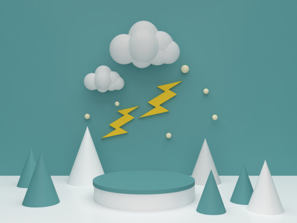 绿色的平台与金字塔和云在绿色的背景。用于儿童产品展示的基座。几何的3 d渲染图片下载