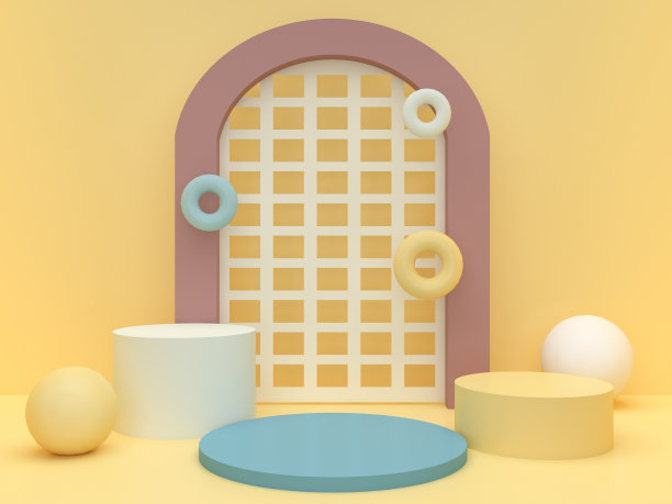 几何裙房与拱门在柔和的黄色背景。用于儿童产品展示的基座。几何的3 d渲染图片下载