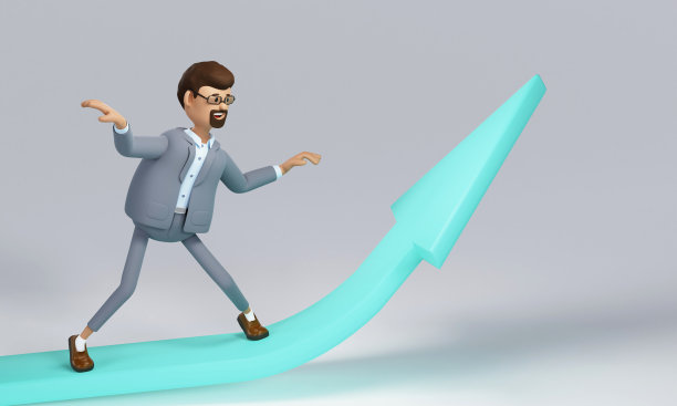 卡通人物商人走向成功。金融增长的概念。3 d演示。图片下载