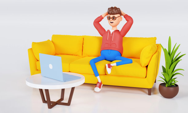 卡通人物，一个男人坐在沙发上用笔记本电脑看视频。3 d演示。图片下载