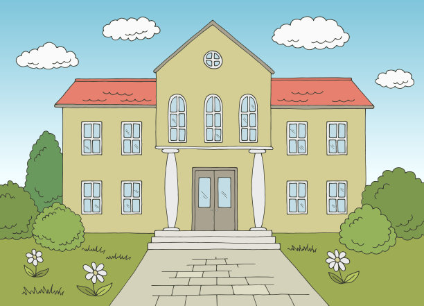学校建筑正面视图外部图形彩色素描插图向量图片下载