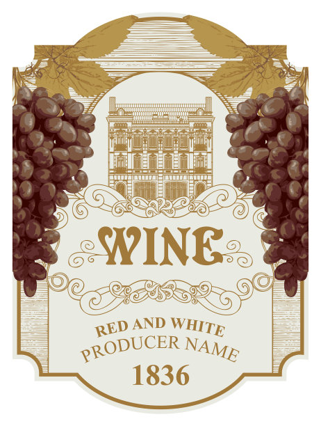 葡萄酒标签与葡萄串和古老的建筑图片下载