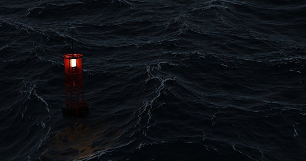 海上风暴，信号浮标与光，海洋壁纸背景，3D渲染。图片下载