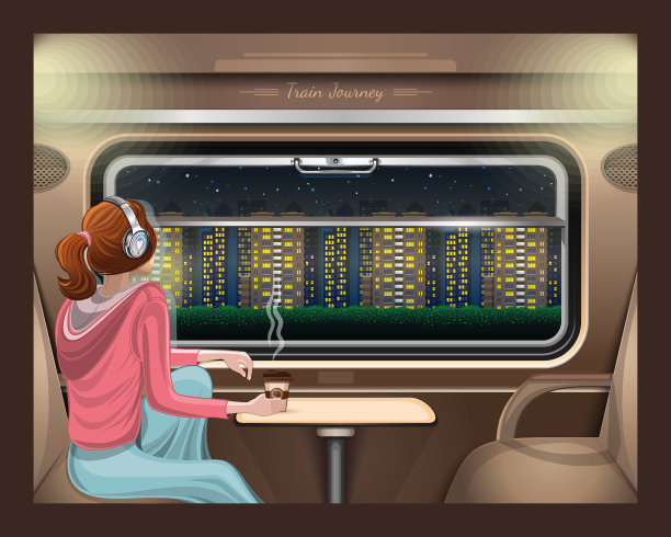 戴着耳机的女孩看着夜晚的城市图片下载