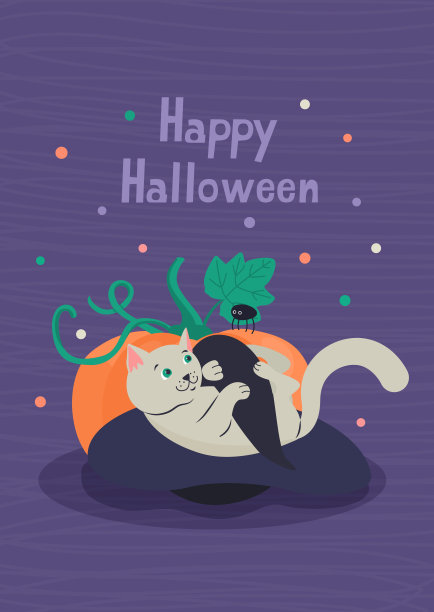 快乐的万圣节贺卡与可爱的白色小猫在女巫的帽子和南瓜南瓜南瓜图片下载