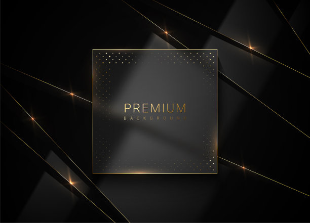 黑色玻璃豪华分层光滑抽象背景。矢量磨砂玻璃方形黄金线框架上的黑色破碎塑料背景与反射。优质标签设计在玻璃形态的风格图片下载