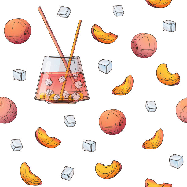 矢量无缝图案与桃汁冰在玻璃，切片桃，冰。图片下载