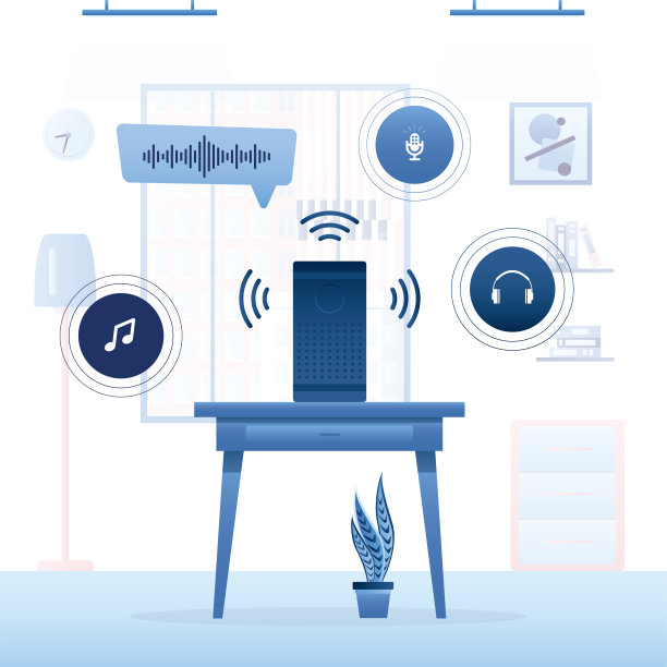 家里的便携式音响系统。音乐栏目，语音助手在桌上。智能家居的一部分。完全访问在线播放音乐，播客和音频文件。无线技术。音响系统。图片下载