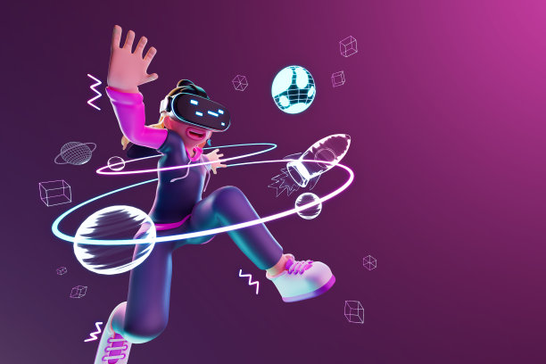 戴着VR眼镜的女人在元宇宙世界里玩得很开心。3D渲染图片下载