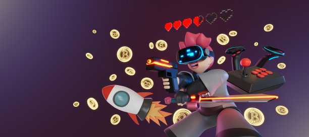 佩戴VR与玩游戏在Metaverse赢得Crypto Coins 3d渲染图片下载