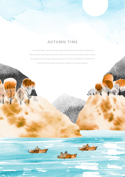 秋天钓鱼。水彩矢量景观与船，蓝色的湖，山，树和文本的地方。在河里钓鱼。手绘模板与草图传单，网页横幅，海报，邀请。A4大小图片下载