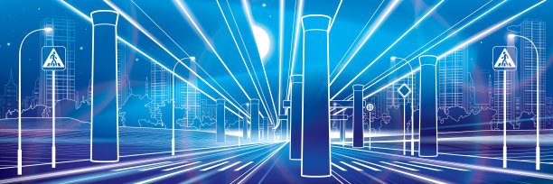 汽车立交桥，夜间高速公路。霓虹灯光的城市。城市场景。蓝色背景上的白色轮廓。城市基础设施说明。矢量设计艺术图片下载