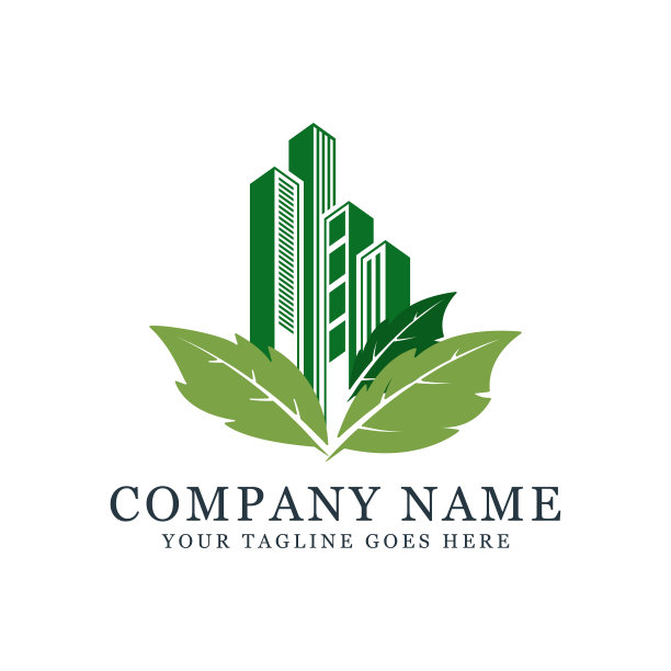 绿色建筑建筑纹章设计采用叶状设计，最适合房地产、摩天楼、商业公司纹章图片下载