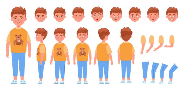 男孩的身体动画。儿童动画表情、儿童姿势创作、儿童角色构造、表情肢体动作包、卡通近代矢量插画图片下载