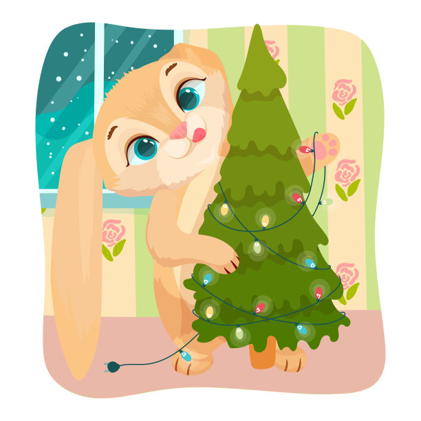 可爱的兔子装饰圣诞树。寒假。快乐的兔子。矢量插图在白色背景。图片下载