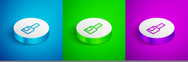 瓶子的指甲油图标孤立在蓝色，绿色和紫色的背景。白色的圆按钮。向量图片下载