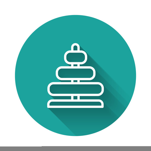 白线金字塔玩具图标孤立与长阴影背景。绿色圆圈按钮。向量图片下载