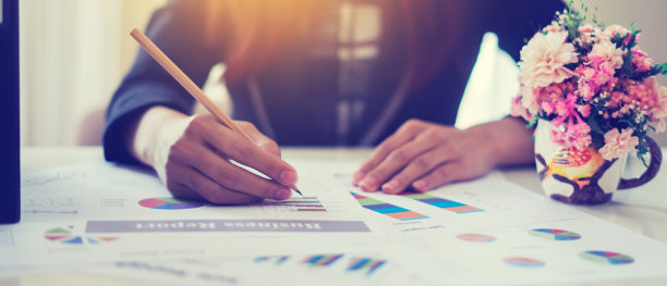 女商人在办公室用图表数据工作，年轻女孩研究财务报告和向投资者介绍。商业和市场研究概念，分析和统计，营销计划图片下载