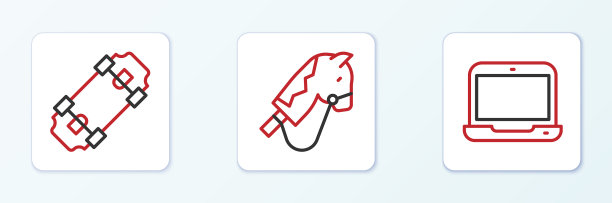 设定线笔记本电脑滑板和玩具马图标图片下载