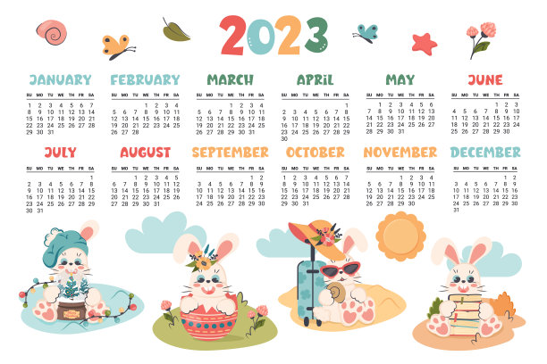 2023年日历。不同季节的横向规划配可爱的兔子。卡通人物兔子作为新年的象征。一周从周日开始。矢量平面插图图片下载