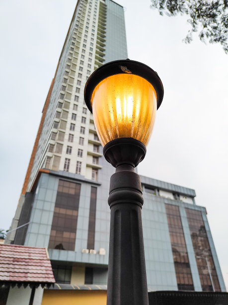一盏路灯在一幢高楼附近图片下载