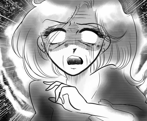 70年代女孩卡通：黑白插画，女士害怕皱纹和斑点图片下载