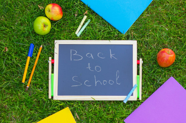 绿色的草地上写着“回到学校”的黑色黑板，苹果，笔记本，钢笔和粉笔旁边图片下载
