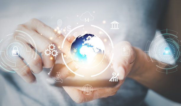 使用移动网上银行和支付，数字营销。金融和银行网络。网上购物和客户联网图标连接在虚拟屏幕上，网络安全。企业技术的概念图片下载