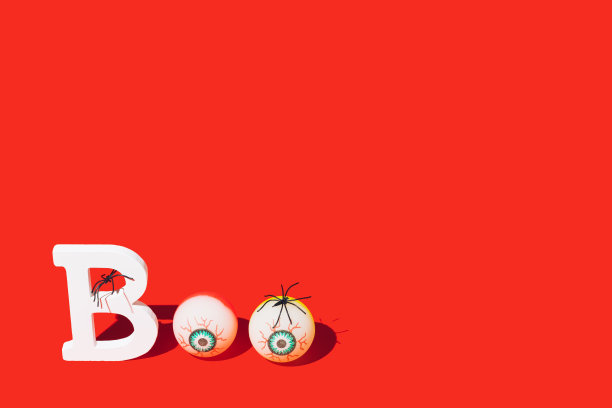 Boo可怕的概念。万圣节背景与创意文字蜘蛛和充血的眼睛对充满活力的红色。副本的空间。图片下载