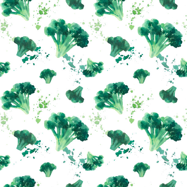 水彩无缝图案与蔬菜西兰花和飞溅的油漆在白色背景。厨房纺织品的无尽绿色图案图片下载