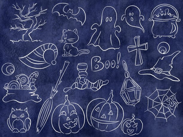 万圣节水平卡与一套卡通线艺术插图。蓝色纹理背景上的白色轮廓。不给糖就捣蛋。图片下载