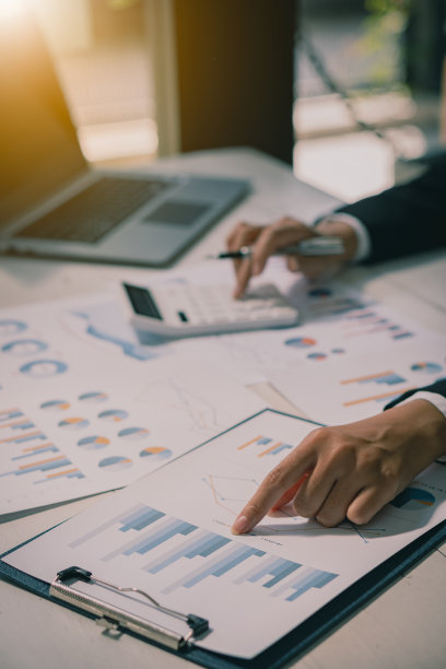 会计使用计算器和计算机，同时坚持商业会计的概念。预算和贷款手赚钱和计算费用的人在办公室的垂直画面图片下载