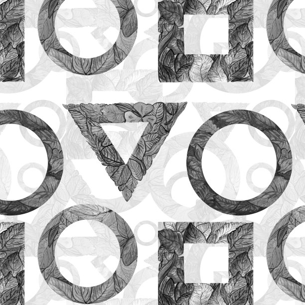 水彩图案黑白抽象，几何圆，正方形和三角形为您的设计无缝，手绘插图图片下载