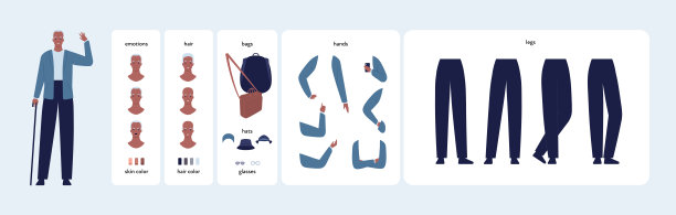 字符diy套件。矢量平面设计人插图。Man构造函数元素集。老年男性构造者以各种情绪、肤色、发型、木棍、包、帽子、手和腿元素图片下载