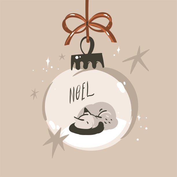 手绘矢量抽象图形圣诞快乐和新年快乐的剪纸插图猫字符。雪球里的猫。圣诞快乐可爱动物卡片设计背景。寒假的艺术。图片下载