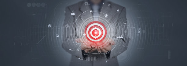 瞄准商业理念，商人手部展示虚拟三维指向目标的标志，作为成功商业的技术。图片下载