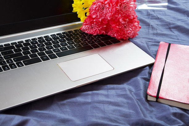 手，电脑键盘，床上视图。工作背景，在家工作，笔记本和鲜花图片下载