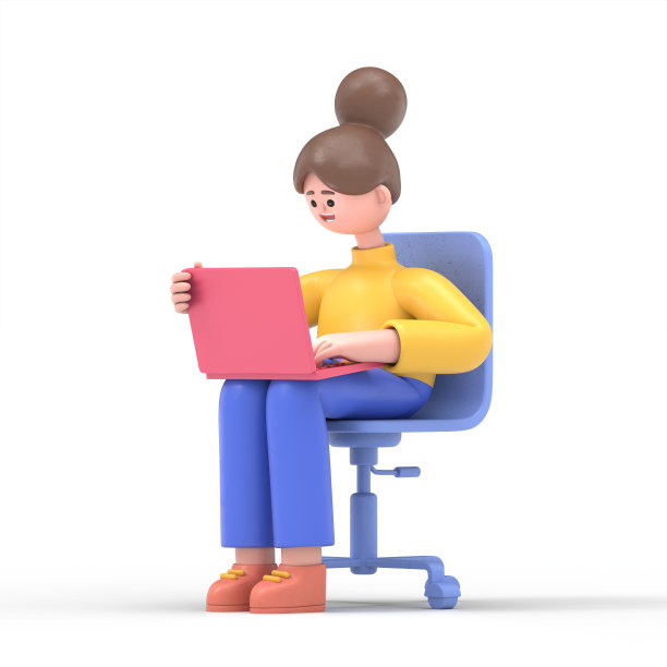 3D插图微笑的女人艾伦使用笔记本电脑与空白屏幕在家庭内部的书桌。蓝色背景上的3D渲染。图片下载