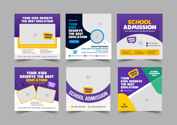 儿童教育社交媒体张贴数字营销横幅模板。促进高校在线学习课程广告设计布局图片下载