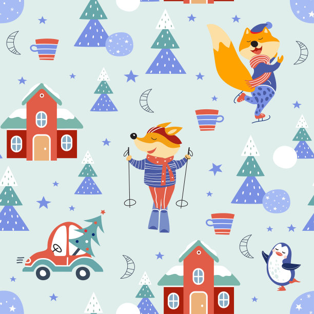 无缝图案与可爱的卡通狐狸，房子和冬季配件。冬季运动。滑雪和滑冰。图片下载