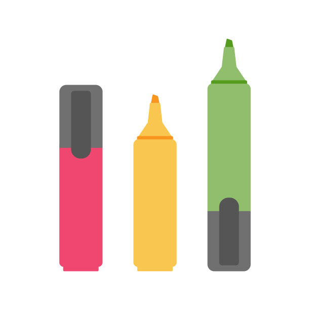 一套三色标记插图。学校用品平面设计。办公用品-文具和艺术学校用品。图片下载