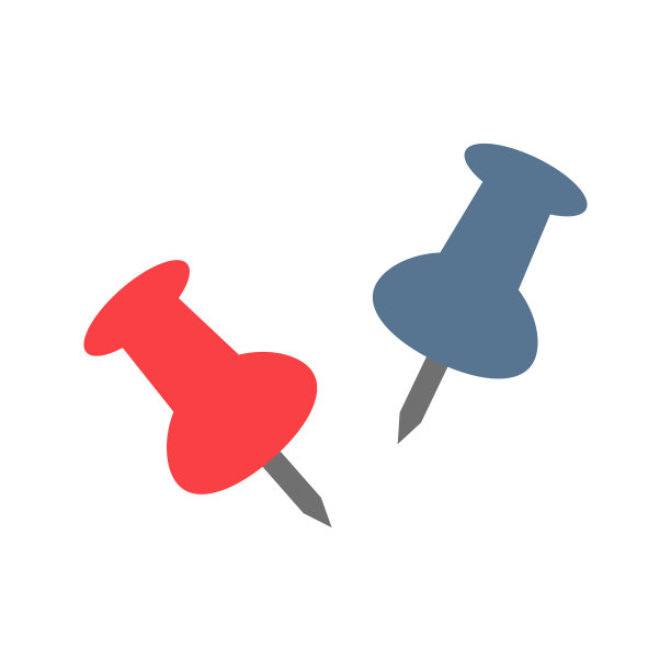 几个推针插图。学校用品平面设计。办公文具及学校用品。红蓝色图钉。图片下载