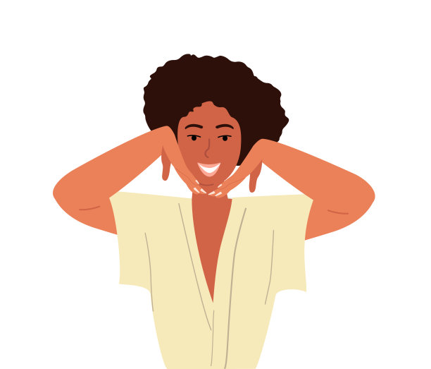 年轻健康的非洲微笑轻松的女人做面部塑造瑜伽面部体操自我按摩。幸福的微笑。有健康脸的女人。美容程序，自我护理。矢量平面图孤立图片下载